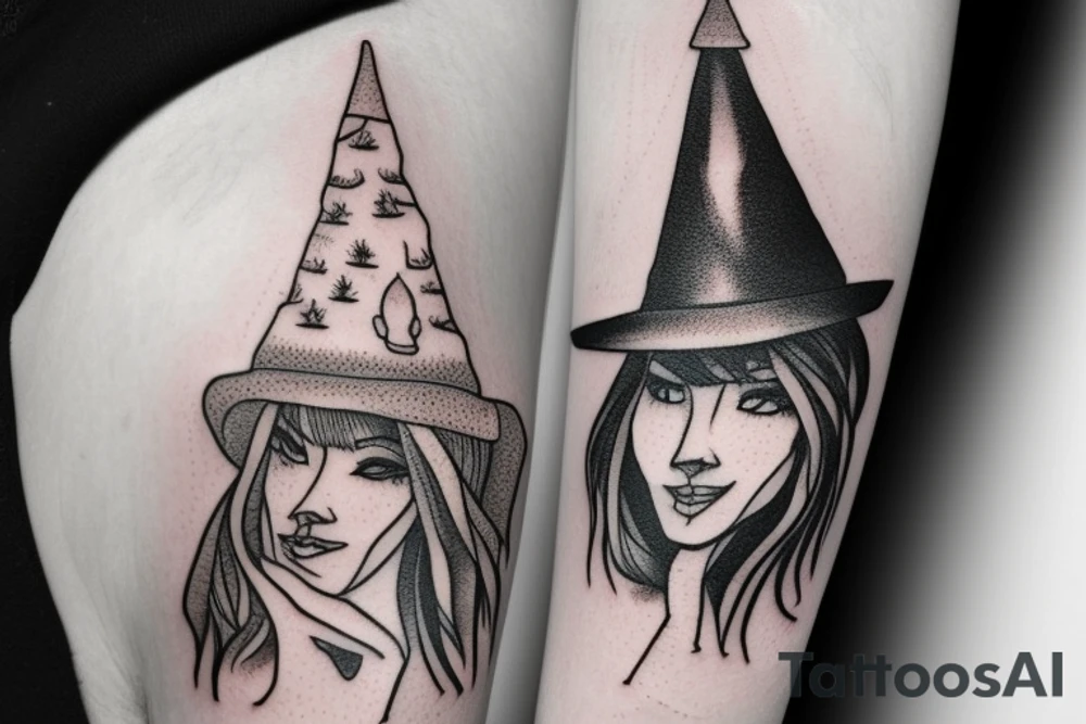 witch with pine tree as hat tattoo idea