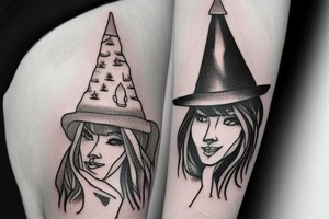witch with pine tree as hat tattoo idea