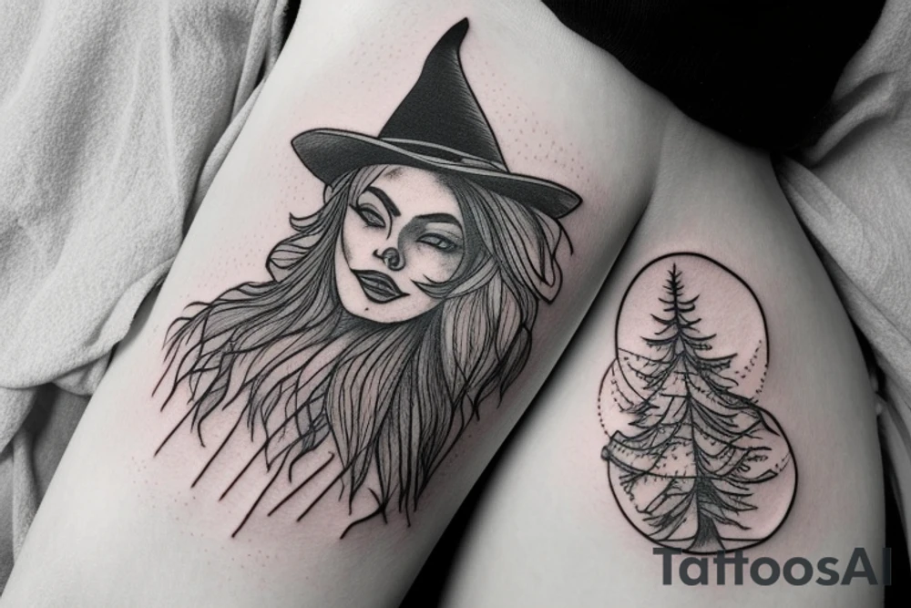 witch with pine tree as hat tattoo idea