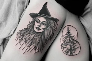 witch with pine tree as hat tattoo idea