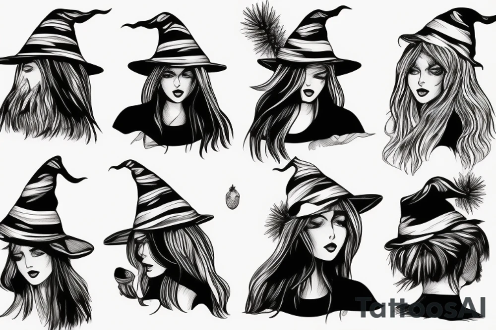 witch with pine tree as hat tattoo idea