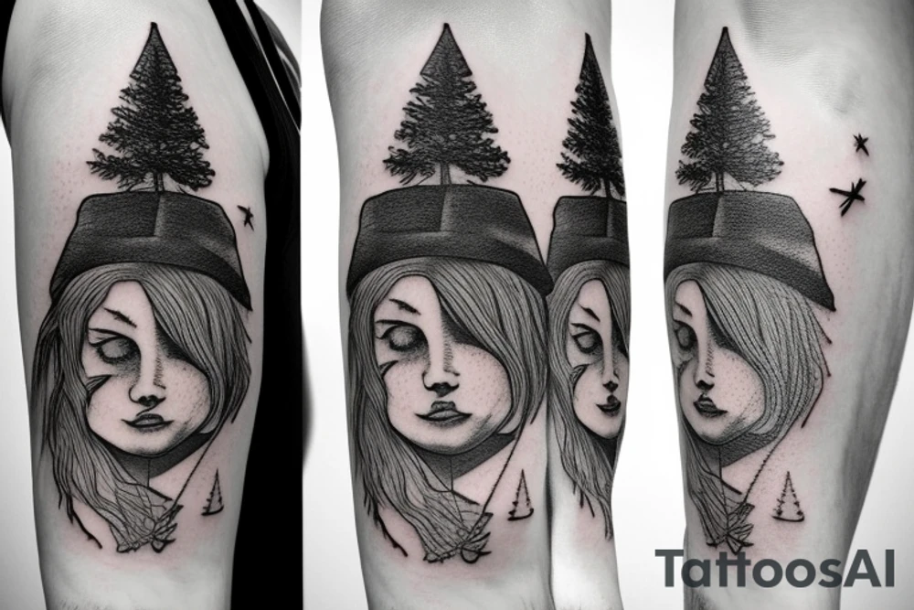witch with pine tree as hat tattoo idea