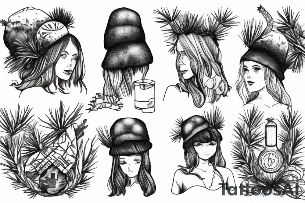 girl with a pine tree as a hat, who has just brewed a potion tattoo idea