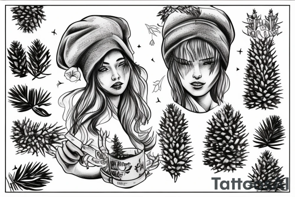 girl with a pine tree as a hat, who has just brewed a potion tattoo idea