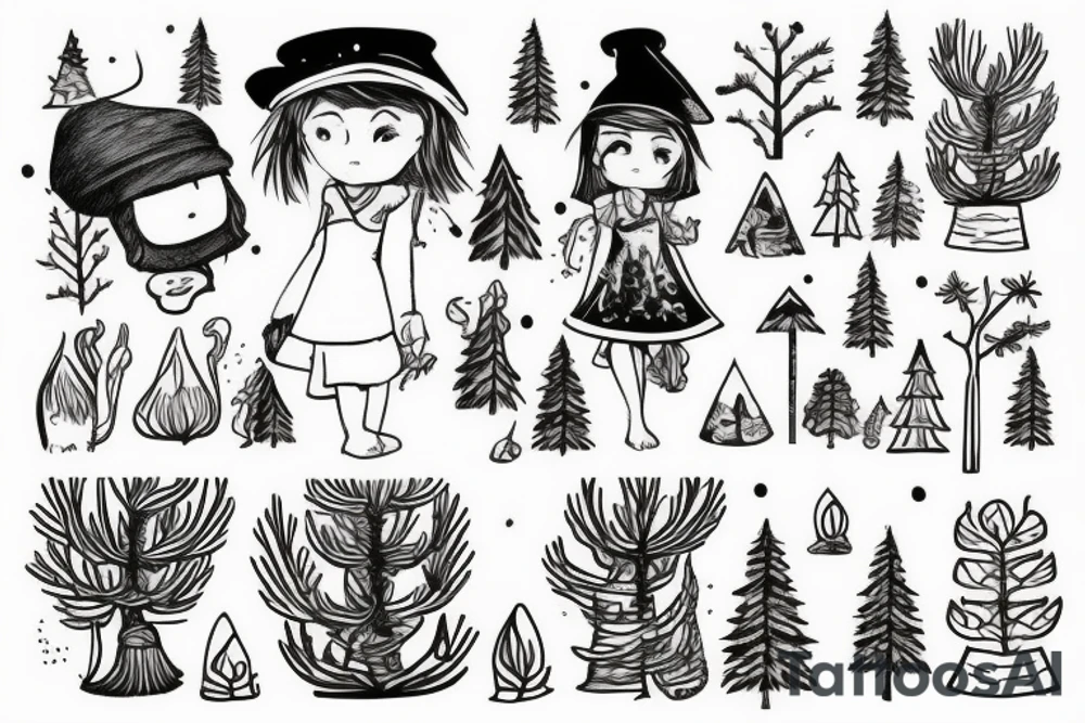 girl with a pine tree as a hat, who has just brewed a potion and is standing in a forest tattoo idea