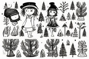 girl with a pine tree as a hat, who has just brewed a potion and is standing in a forest tattoo idea