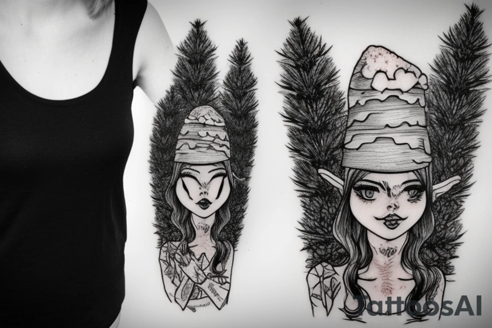girl with a pine tree as a hat, who has just brewed a potion and is standing in a forest tattoo idea