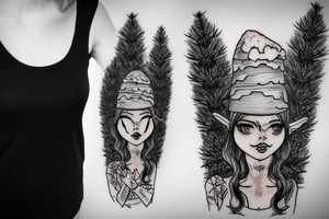 girl with a pine tree as a hat, who has just brewed a potion and is standing in a forest tattoo idea