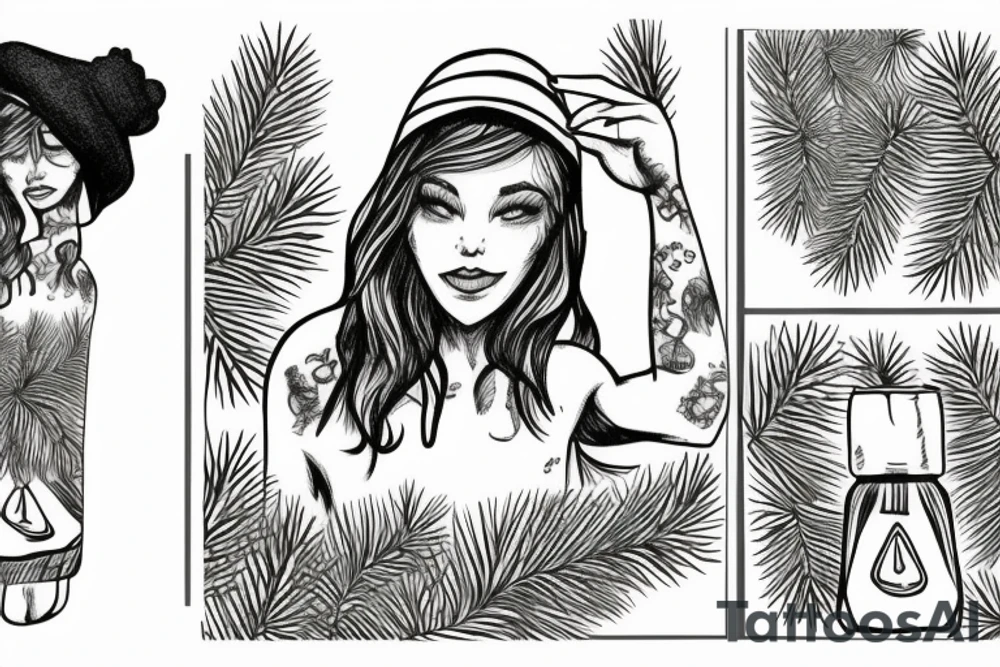 girl with a pine tree as a hat, who has just brewed a potion and is standing in a forest tattoo idea