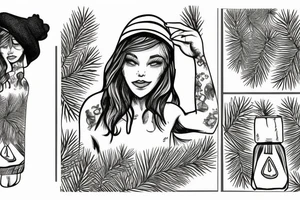 girl with a pine tree as a hat, who has just brewed a potion and is standing in a forest tattoo idea