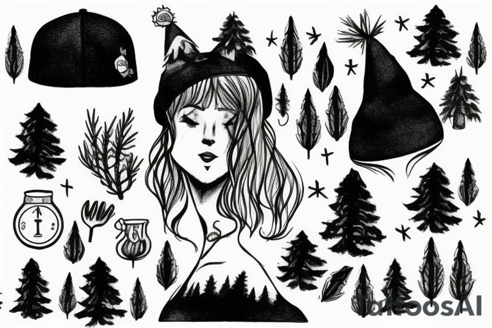 girl with a pine tree as a hat, who has just brewed a potion and is standing in a forest tattoo idea