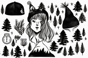 girl with a pine tree as a hat, who has just brewed a potion and is standing in a forest tattoo idea