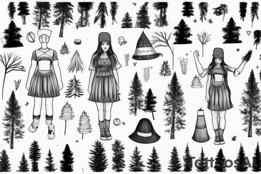 girl with a pine tree as a hat, who has just brewed a potion and is standing in a forest tattoo idea