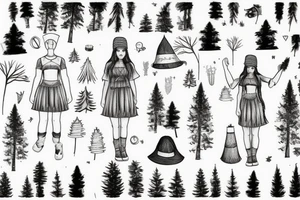girl with a pine tree as a hat, who has just brewed a potion and is standing in a forest tattoo idea