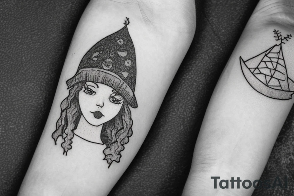 girl with a pine tree as a hat, who has just brewed a potion and is standing in a forest tattoo idea