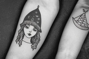 girl with a pine tree as a hat, who has just brewed a potion and is standing in a forest tattoo idea