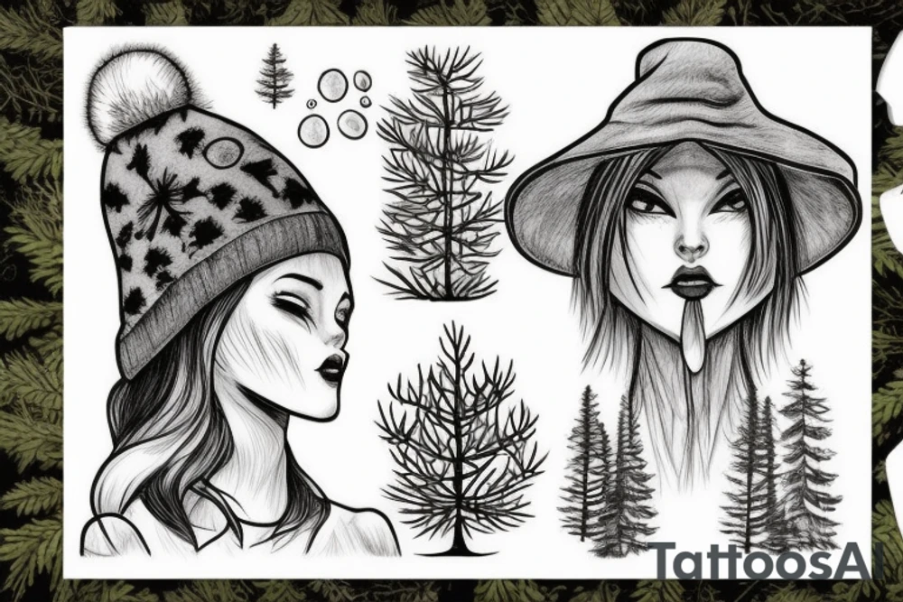 girl with a pine tree as a hat, who has just brewed a potion and is standing in a forest tattoo idea