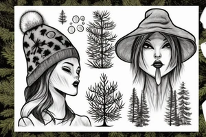 girl with a pine tree as a hat, who has just brewed a potion and is standing in a forest tattoo idea