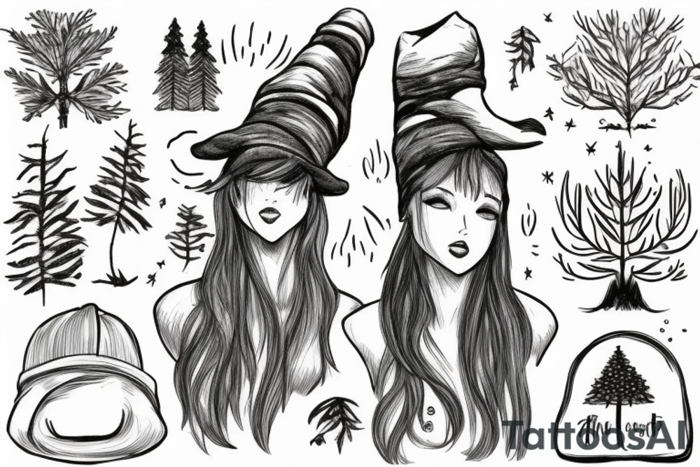 girl with a pine tree as a hat, who has just brewed a potion and is standing in a forest tattoo idea