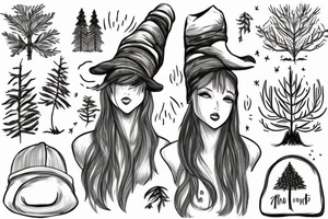 girl with a pine tree as a hat, who has just brewed a potion and is standing in a forest tattoo idea
