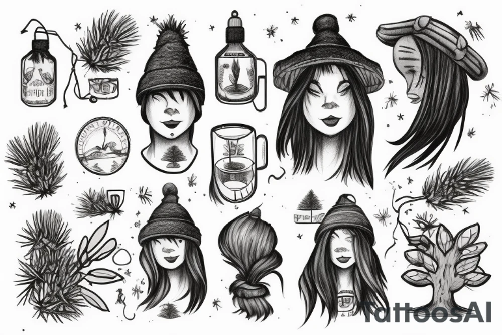 girl with a pine tree as a hat, who has just brewed a potion and has long hair down to her shoulders tattoo idea