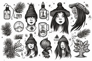 girl with a pine tree as a hat, who has just brewed a potion and has long hair down to her shoulders tattoo idea