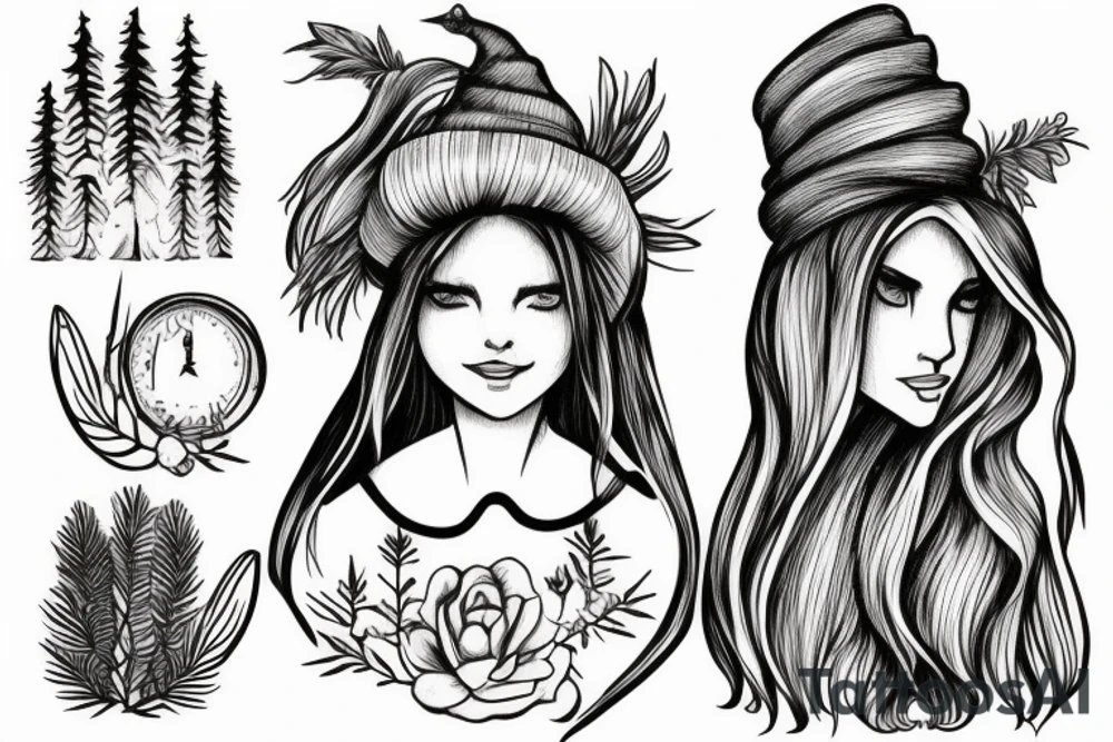 girl with a pine tree as a hat, who has just brewed a potion and has long hair down to her shoulders tattoo idea