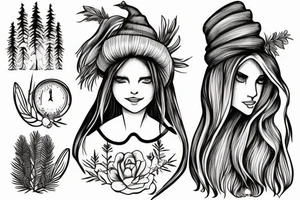 girl with a pine tree as a hat, who has just brewed a potion and has long hair down to her shoulders tattoo idea