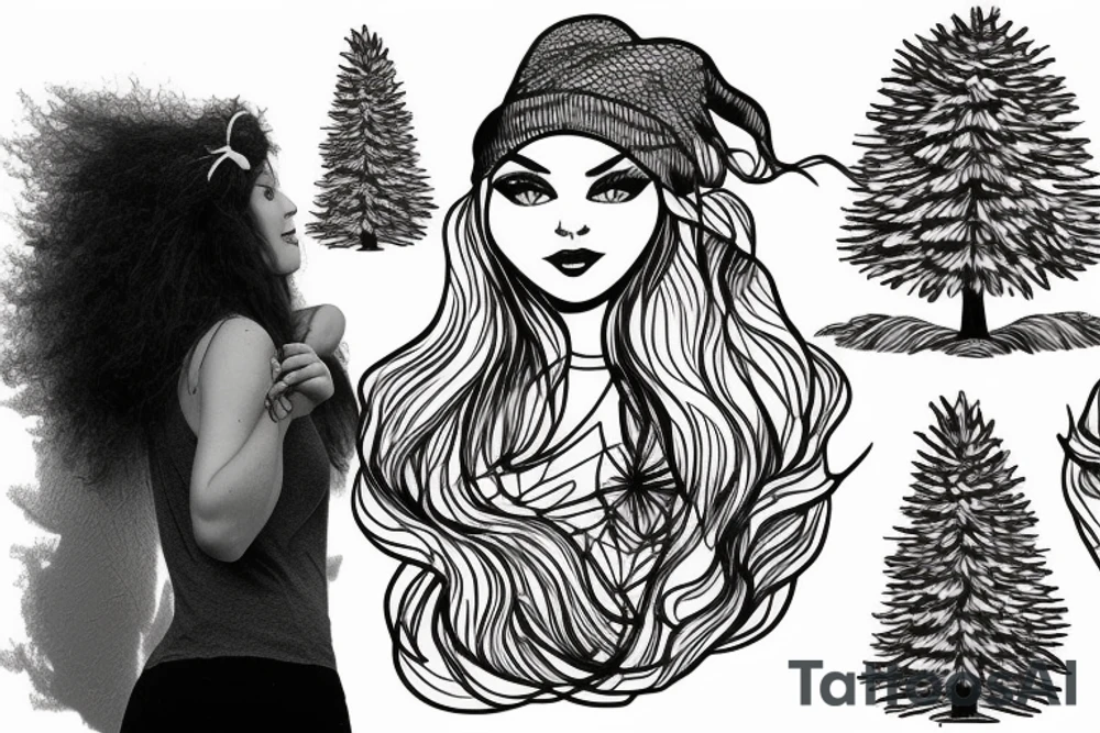 woman with pine tree hat that is the background tattoo idea woman with pine tree hat that is the background tattoo idea