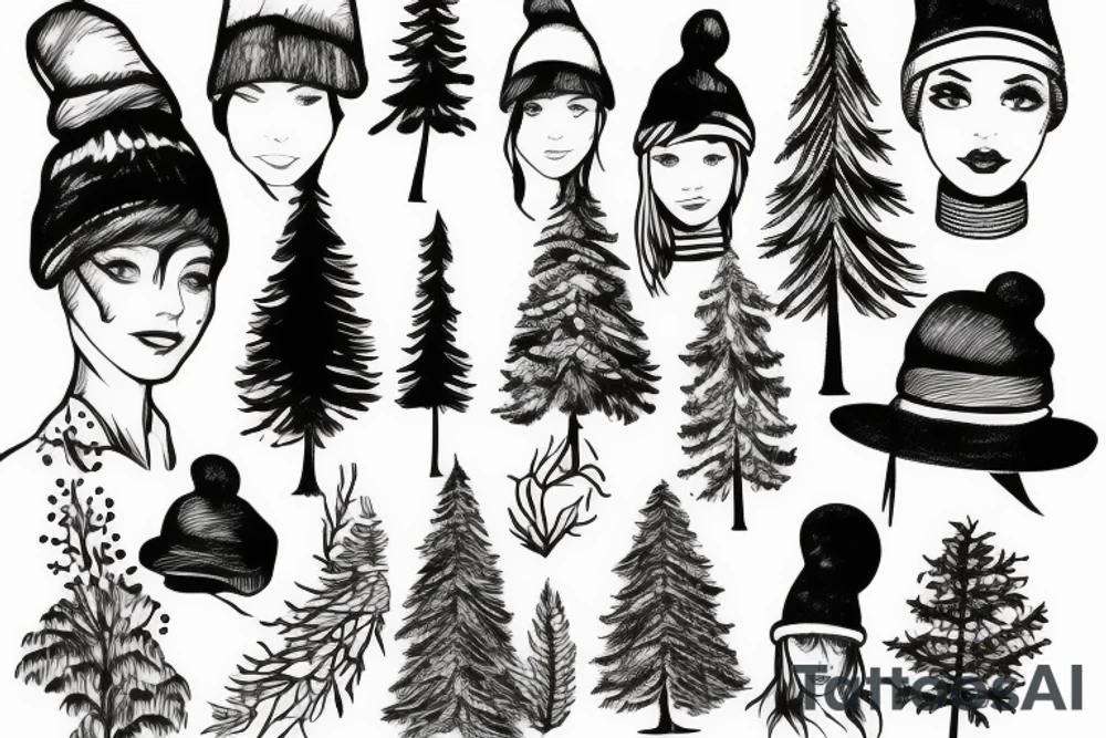 woman with pine tree hat that is the background tattoo idea woman with pine tree hat that is the background tattoo idea