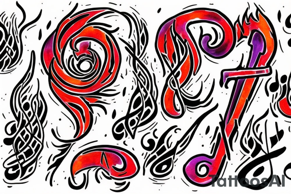 Flaming music note with words “never give up no matter what” around it tattoo idea