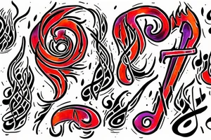 Flaming music note with words “never give up no matter what” around it tattoo idea
