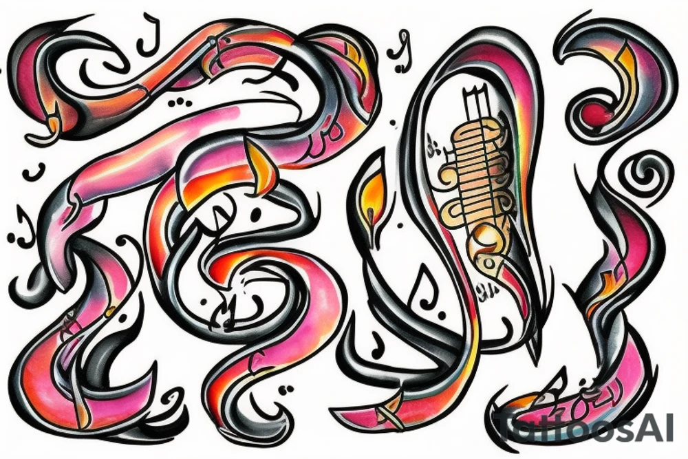 Flaming music note with words “never give up no matter what” around it tattoo idea