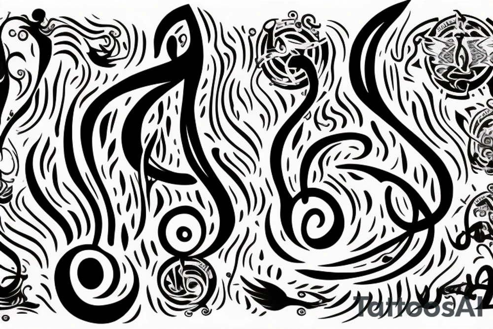 Flaming music note with words “never give up no matter what” around it tattoo idea