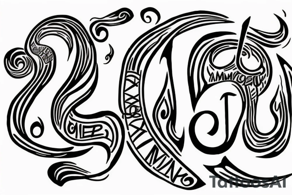 Flaming music note with words “never give up no matter what” around it tattoo idea