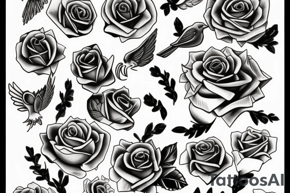 bell and dove and roses tattoo idea