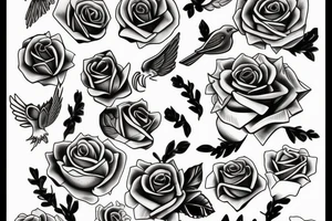 bell and dove and roses tattoo idea