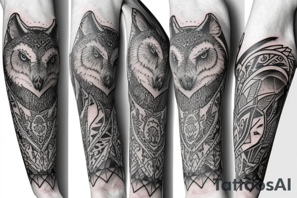 owl, wolf, deer totem sleeve tattoo idea