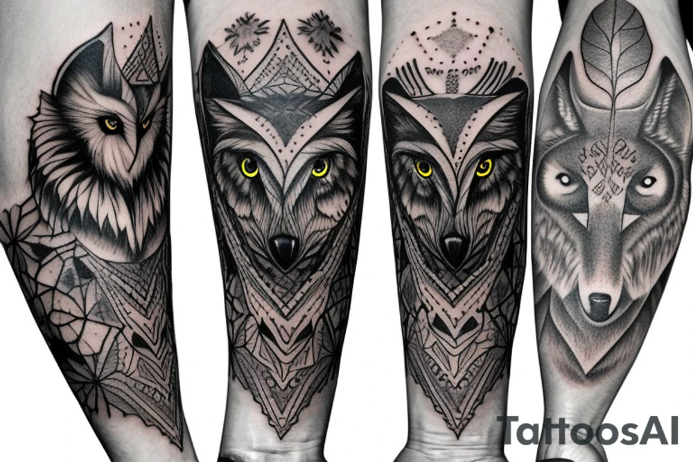 owl, wolf, deer totem sleeve tattoo idea