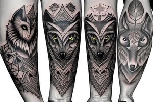 owl, wolf, deer totem sleeve tattoo idea