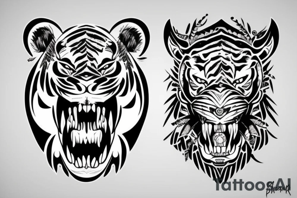skull wearing saber-toothed tiger head tattoo idea