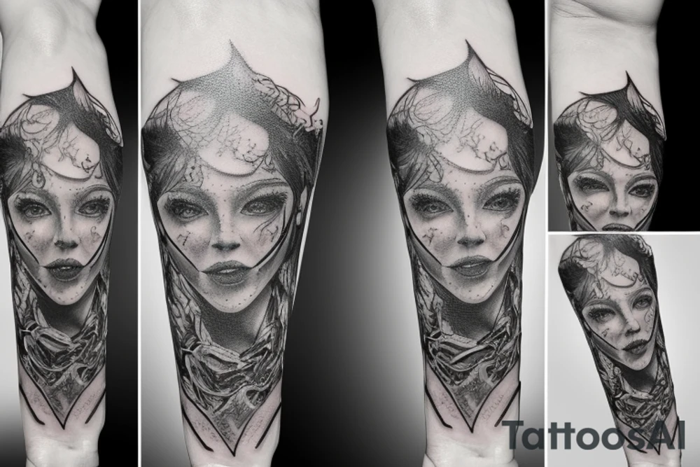 Mroczny, demoniczna postać,  tatuaż na udo, w tle krajobraz tattoo idea