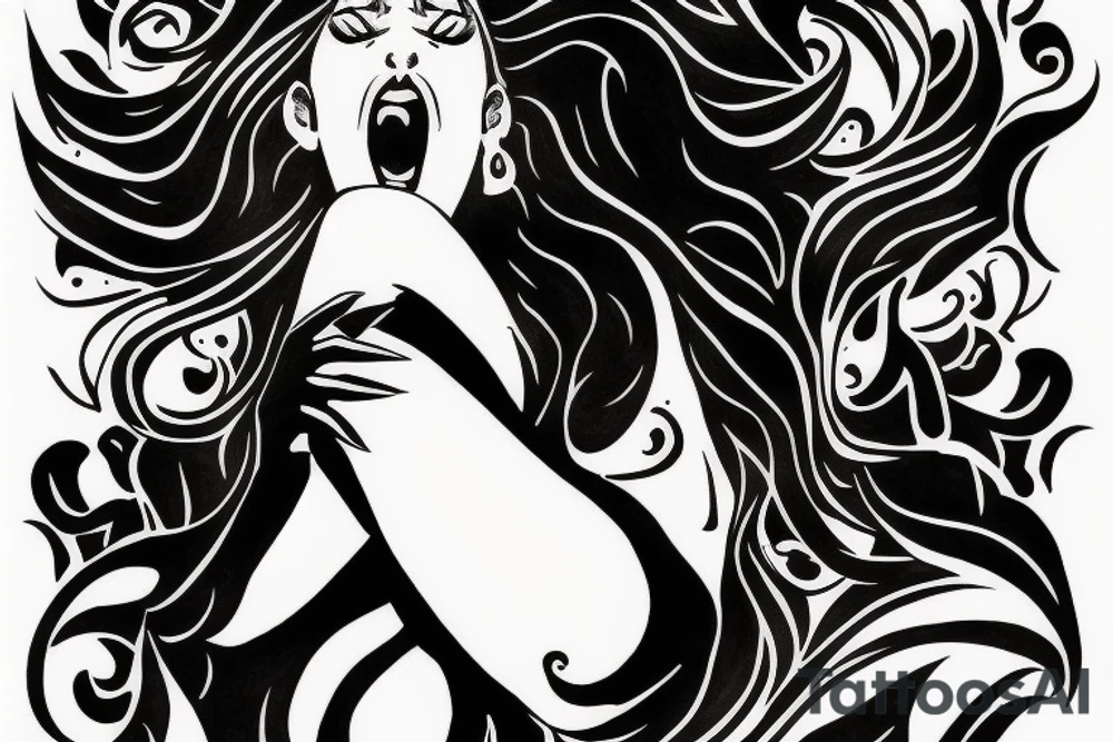 thigh tattoo, a dark woman screaming against a dark background. tattoo idea