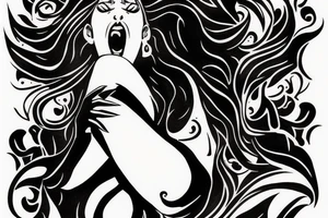 thigh tattoo, a dark woman screaming against a dark background. tattoo idea