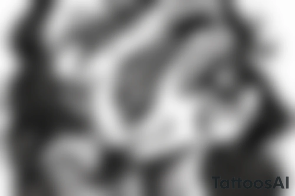 thigh tattoo, a dark woman screaming against a dark background. tattoo idea