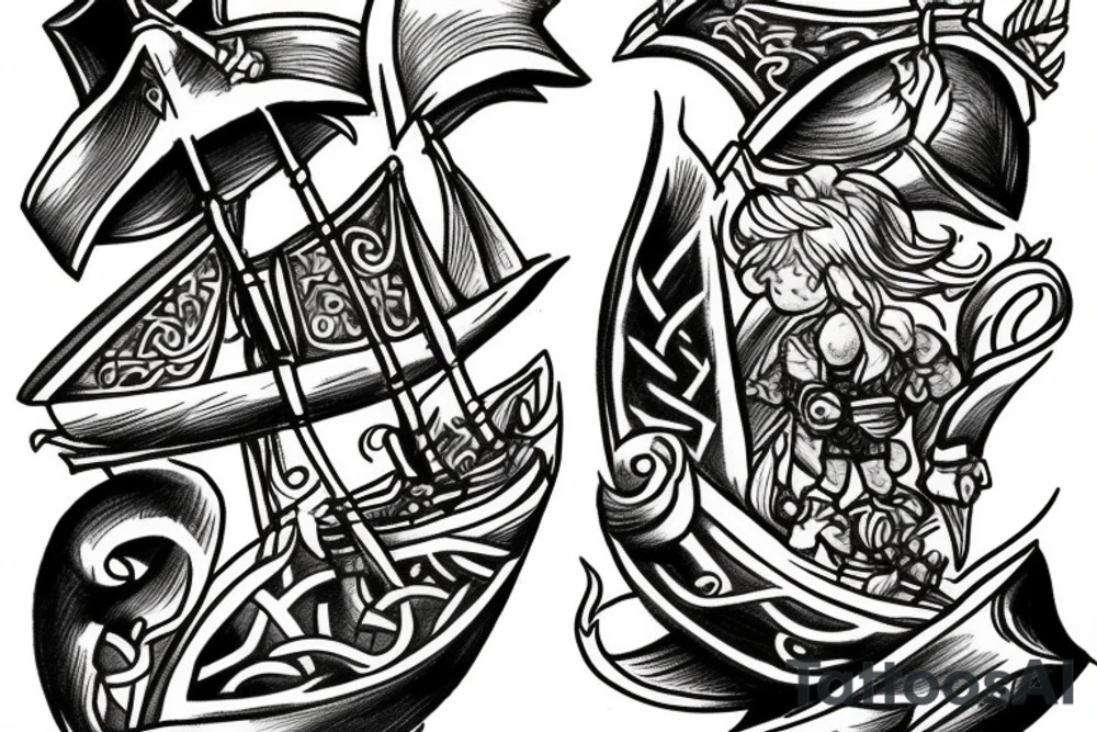 2 small vikings looking at a ship in the distance tattoo idea