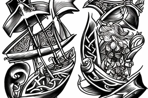 2 small vikings looking at a ship in the distance tattoo idea
