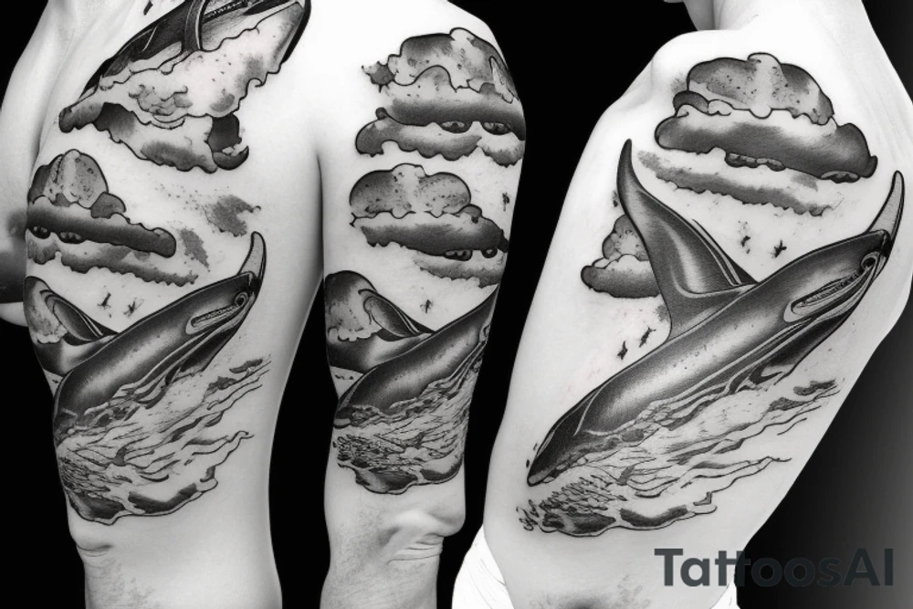 flying whales in clouds tattoo idea