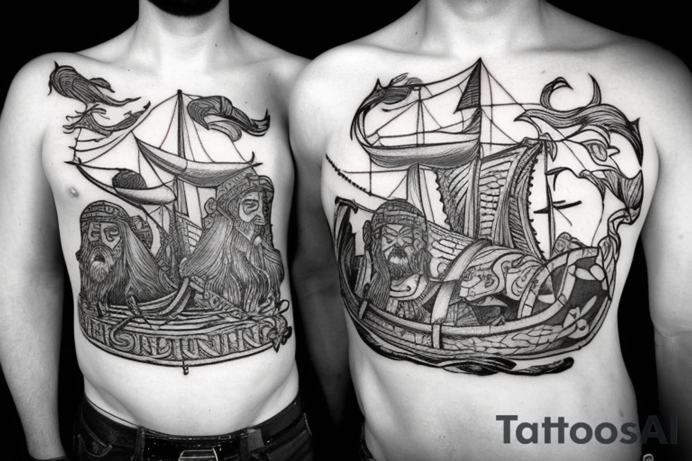 two viking brothers looking at a ship in the distance tattoo idea