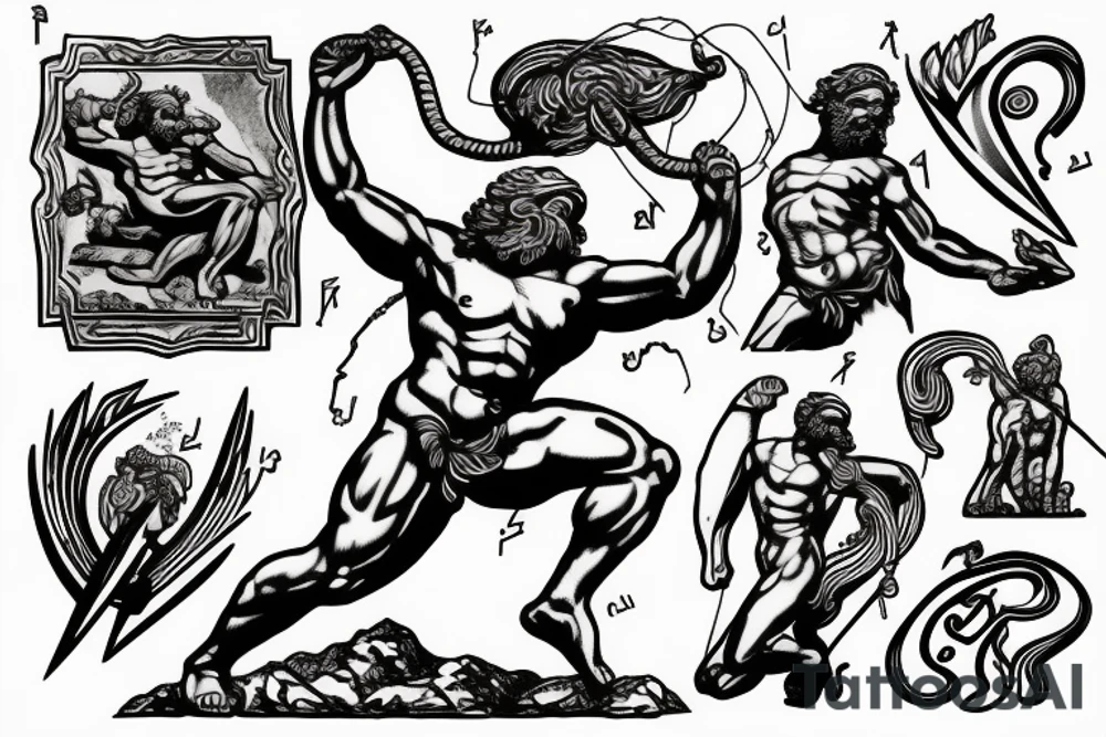 zeus conquering with a lightning bolt in his hand. art style in that of a greek marble statue tattoo idea
